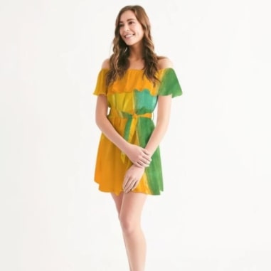 Screenshot 2022-01-25 12.54.02 AM (1) Midi Dress Off-Shoulder Orange & Green Tie-Dye Design - Image 1