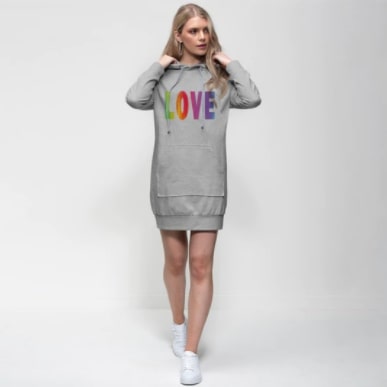 Screenshot 2022-01-26 7.38.37 PM Midi Dress Hooded Sweater Grey & Rainbow "Love" Graphic - Image 1