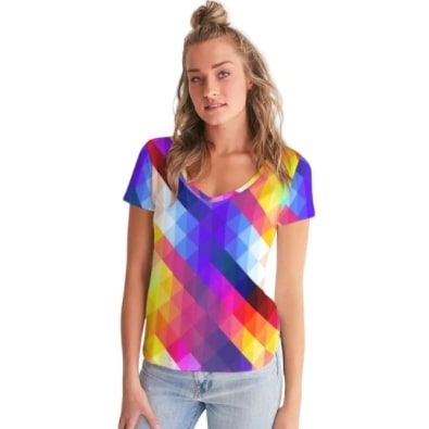 Screenshot 2022-02-08 1.36.44 PM T-Shirt Short-Sleeved V-Neck Rainbow Square Pattern - Image 1