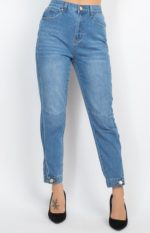 Jeans High-Waisted Cuffed-Button Medium-Blue Denim Mom Jeans