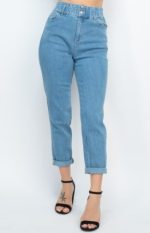 Jeans High-Waisted Double Button Capri Cuffed Medium Blue Denim