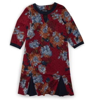 Dress Adaptive Dressing Open Back Flounce 3/4 Sleeve Maroon & Denim Floral Design