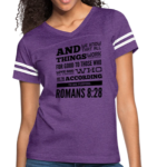 Short Sleeve T-Shirt " Romans 8:28 " Graphic Vintage Sport Design In Purple/White