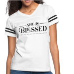 Short Sleeve T-Shirt "She Is Blessed" Graphic Vintage Sport Design In White/Black