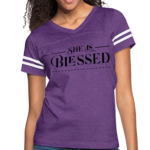 Short Sleeve T-Shirt "She Is Blessed" Graphic Vintage Sport Design In Purple/White