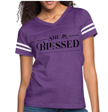 Screenshot (1808) Short Sleeve T-Shirt "She Is Blessed" Graphic Vintage Sport Design In Purple/White - Image 1
