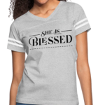 Short Sleeve T-Shirt "She Is Blessed" Graphic Vintage Sport Design In Heather Gray/White