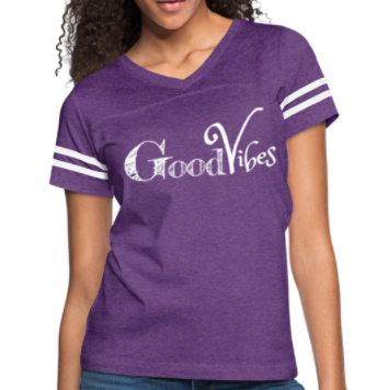 Screenshot (1868) Short Sleeve T-Shirt "Good Vibes" Graphic Vintage Sport Design In Purple/White - Image 1