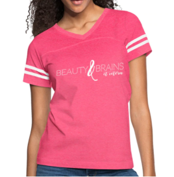 Screenshot (1872) Short Sleeve T-Shirt "Beauty & Brains Et Cetera" Graphic Vintage Sport Design In Pink/White - Image 1