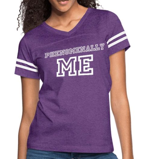 Screenshot (125) Short Sleeve T-Shirt "Phenomenally Me Showcase " Graphic Vintage Sport Design In Vintage Purple White - Image 1