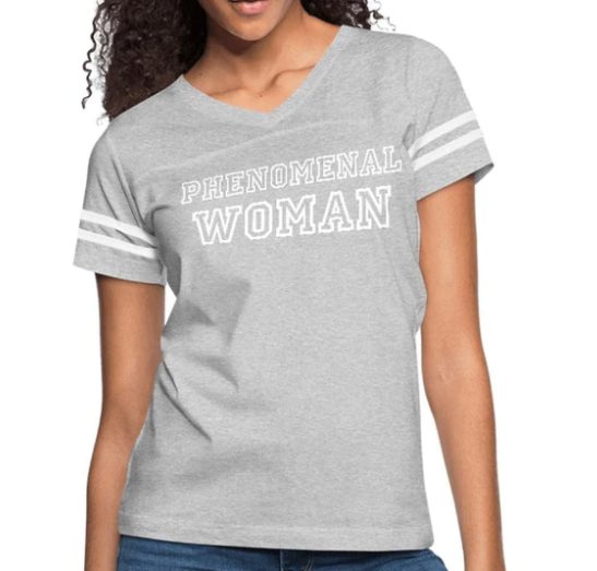 Screenshot (139) Short Sleeve T-Shirt "Phenomenal Woman" Graphic Vintage Sport Design In Heather Gray White - Image 1