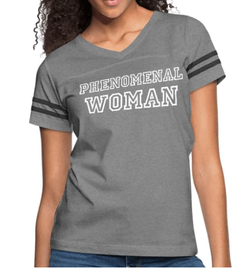 Screenshot (144) Short Sleeve T-Shirt "Phenomenal Woman" Graphic Vintage Sport Design In Heather Gray Charcoal - Image 1