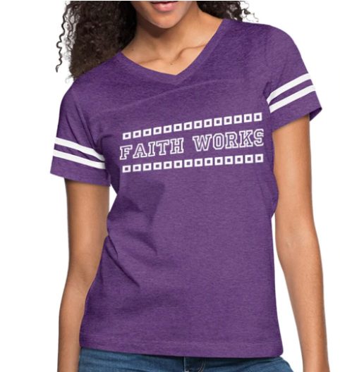 Screenshot (182) Short Sleeve T-Shirt "Faith Works " Graphic Vintage Sport Design In Vintage Purple White - Image 1