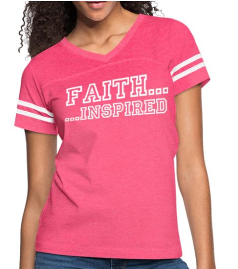 Screenshot (205) Short Sleeve T-Shirt "Faith Inspired " Graphic Vintage Sport Design In Vintage Pink White - Image 1