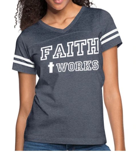 Screenshot (216) Short Sleeve T-Shirt "Faith + Works " Graphic Vintage Sport Design In Vintage Purple White - Image 1