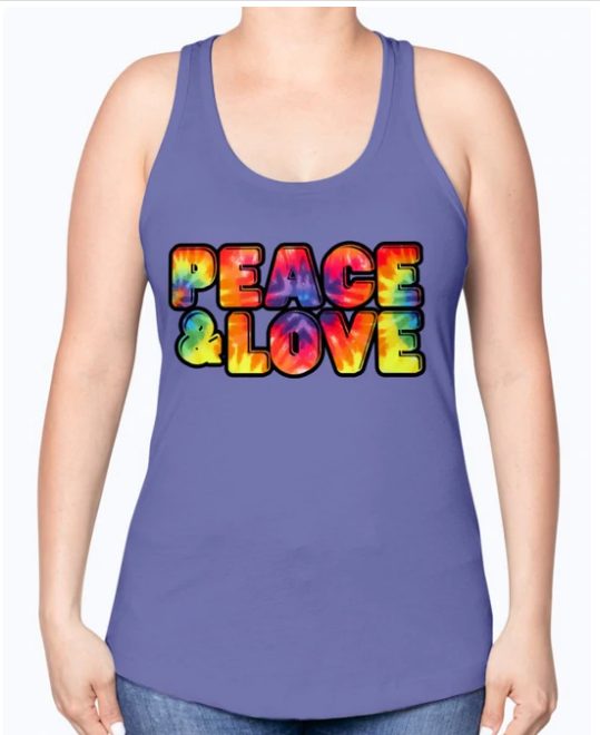 Screenshot (274) Tank Top Flowy "Peace & Love Multicolor " Graphic Racerback In Purple Rush - Image 1