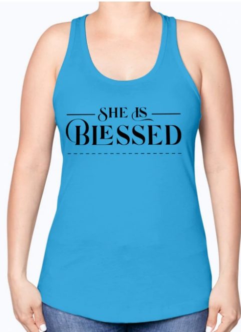 Screenshot (328) Tank Top Flowy Racerback " She Is Blessed" Sleeveless Graphic In Turquoise - Image 1