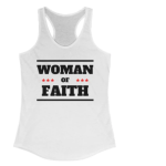 Tank Top Flowy Racerback "Woman Of Faith" (Black Text) Graphic In Solid White