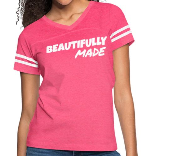 Screenshot (57) Short Sleeve T-Shirt "Beautifully Made" Graphic Vintage Sport Design In Vintage Pink White - Image 1