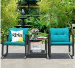 3 Pieces Cushioned Patio Rattan Set with Rocking Chair and Table In Blue - Image 2