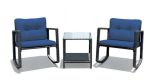 3 Pieces Cushioned Patio Rattan Set with Rocking Chair and Table In Navy
