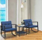 3 Pieces Cushioned Patio Rattan Set with Rocking Chair and Table In Navy - Image 4