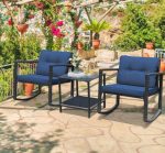 3 Pieces Cushioned Patio Rattan Set with Rocking Chair and Table In Navy - Image 5
