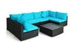 7-Piece Outdoor Wicker Patio Sofa Set with 2 Pillows and Cushions In Blue