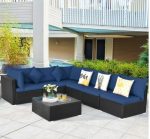 7-Piece Outdoor Wicker Patio Sofa Set with 2 Pillows and Cushions In Navy