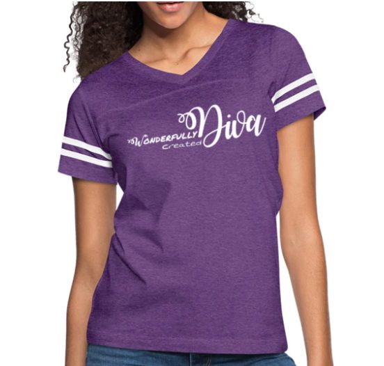 Screenshot (84) Short Sleeve T-Shirt "Wonderfully Created Diva " Graphic Vintage Sport Design In Vintage Purple White - Image 1