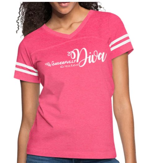Screenshot (85) Short Sleeve T-Shirt "Wonderfully Created Diva " Graphic Vintage Sport Design In Vintage Pink White - Image 1