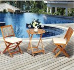 3 Pieces Patio Folding Wooden Bistro Set Cushioned Chair In White - Image 2