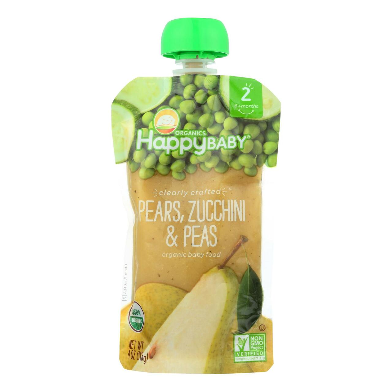 00819573013276_front__73523.1571082946 Baby Food 16pk Stage 2 Happy Baby Clearly Crafted Pears Zucchini & Peas 4oz Pouches - Image 1
