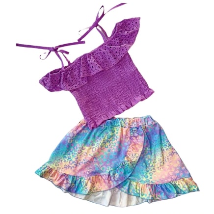 Screenshot 2022-05-13 12.12.49 AM Outfit Girls Limited Edition Purple Eyelet Smocked Top & Tie Dye Skirt Set - Image 1