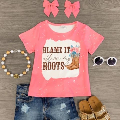 Screenshot 2022-06-01 10.21.18 PM Girls Top "Blame It All On My Boots" Pink Short Sleeve - Image 1