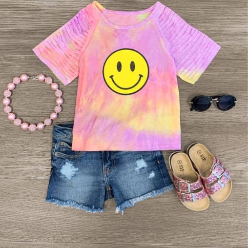 Screenshot 2022-06-01 9.24.44 PM Girls Top Pastel Tie-Dye Smiley Face Short Sleeve - Image 1