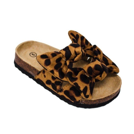 Screenshot 2022-06-06 2.29.54 PM Girls Sandals Birkley Slip-On Double Bow Cheetah Print Design - Image 1