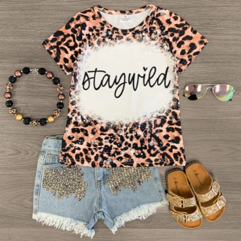 Screenshot 2022-06-10 6.12.18 PM Girls Outfit "Stay Wild" Cheetah Sequin Denim Short Set - Image 1