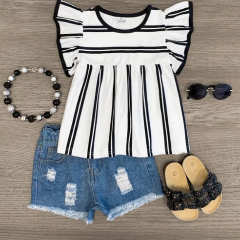 Screenshot 2022-06-10 8.01.47 PM Girls Outfit Black & White Striped Ruffle Distressed Short Set - Image 1