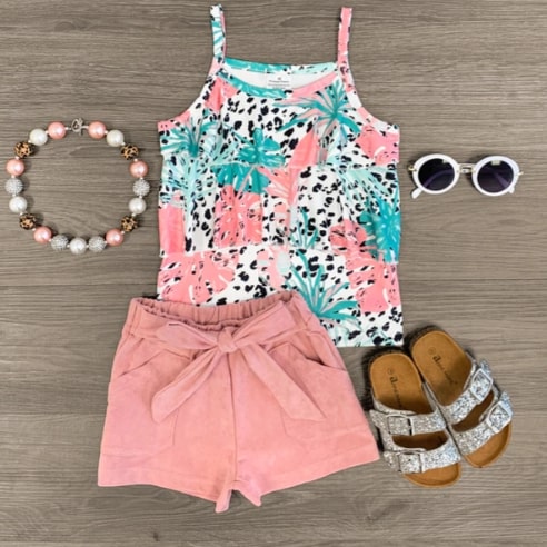 Screenshot 2022-06-10 8.01.58 PM Girls Outfit Pink & Green Tropical Floral Tie Short Set - Image 1