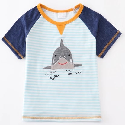 Screenshot 2022-06-12 1.58.33 PM Boys Top Blue Stripe Shark Short Sleeve T-Shirt - Image 1
