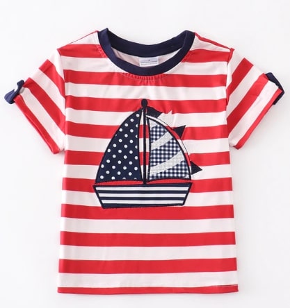 Screenshot 2022-06-12 2.50.52 PM Boys Top Red Striped Sailboat Short Sleeve T-Shirt - Image 1