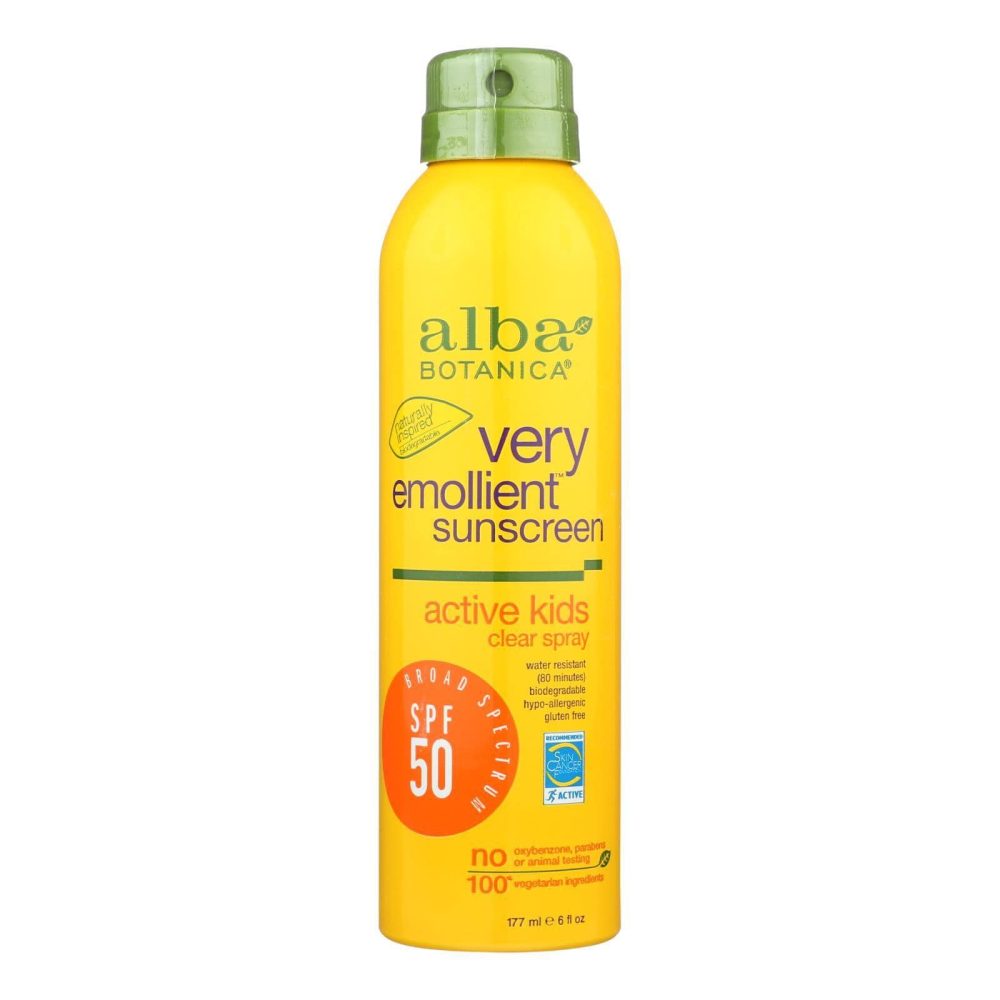 Kids Sunscreen Alba Botanicas Very Emollient Active Kids Clear Spray SPF 50 6oz - Image 1