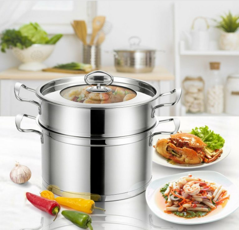 8 2-Tier Steamer Pot 304 Stainless Steel Steaming Cookware With Glass Lid - Image 1