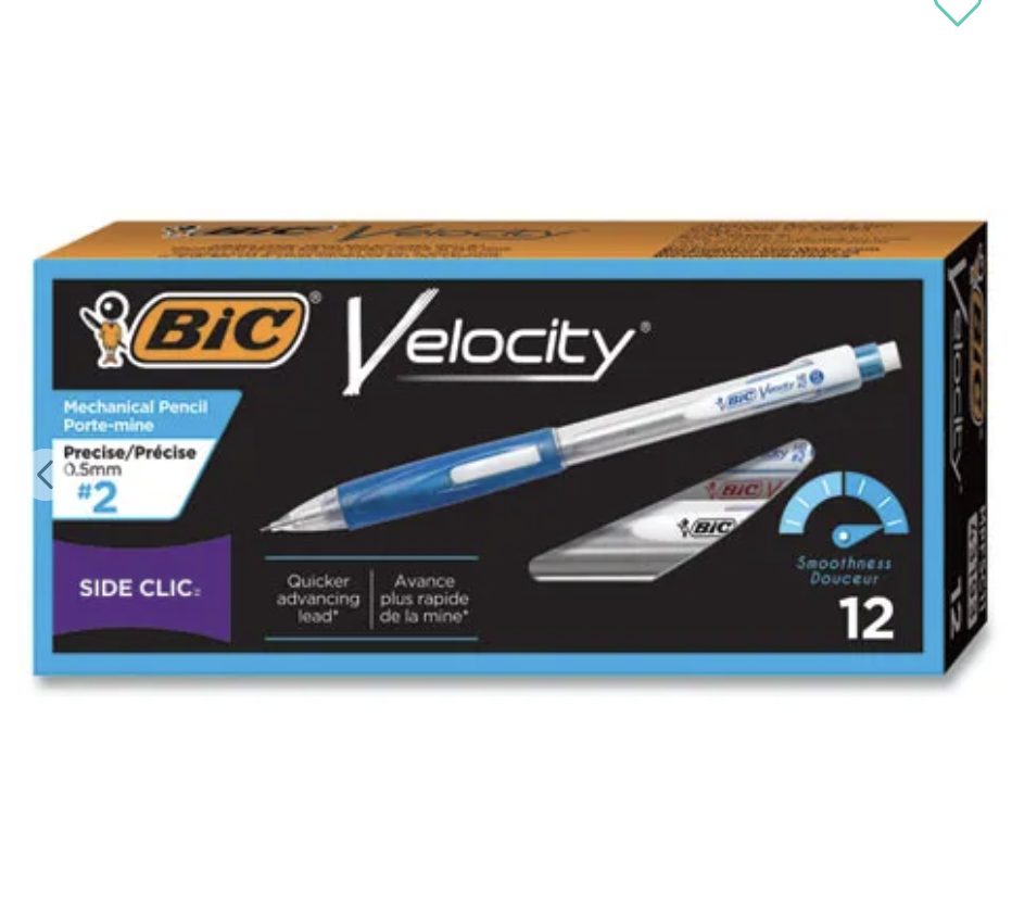 Screen Shot 2022-08-03 at 11.00.03 AM Mechanical Pencils #2 Fine Point 0.5mm- BIC Velocity Side Clic Assorted Barrel Colors Black Lead 12pk - Image 1