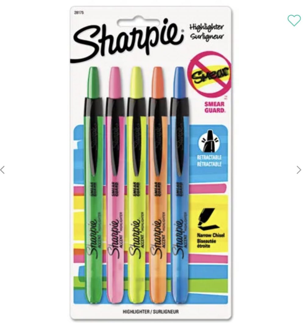 Highlighters Retractable - Sharpie Chisel Tip Assorted Colors 5pk - Image 1