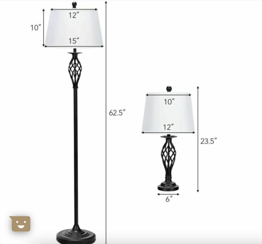 Lamp Set 2 Table Lamps & 1 Floor Lamp Fabric Shades Twisted Iron Design - Image 5