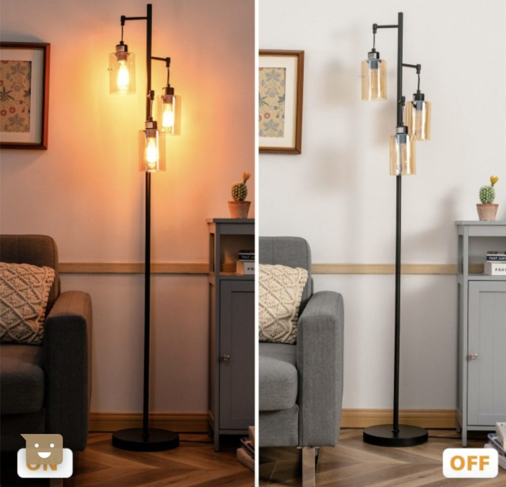 Floor Lamp Retro Steady 3-Head Hanging Amber Glass Shade - Image 4