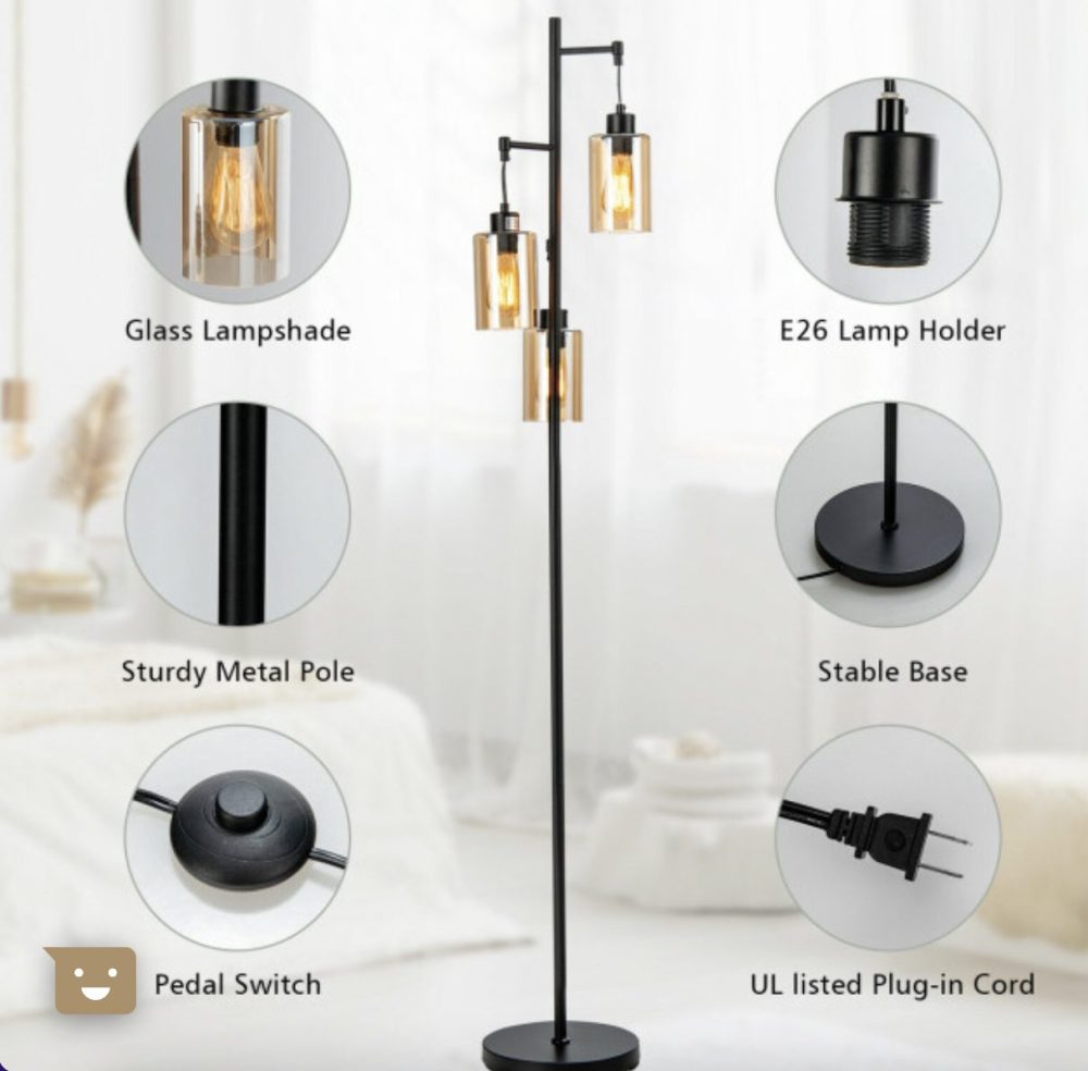 Floor Lamp Retro Steady 3-Head Hanging Amber Glass Shade - Image 10