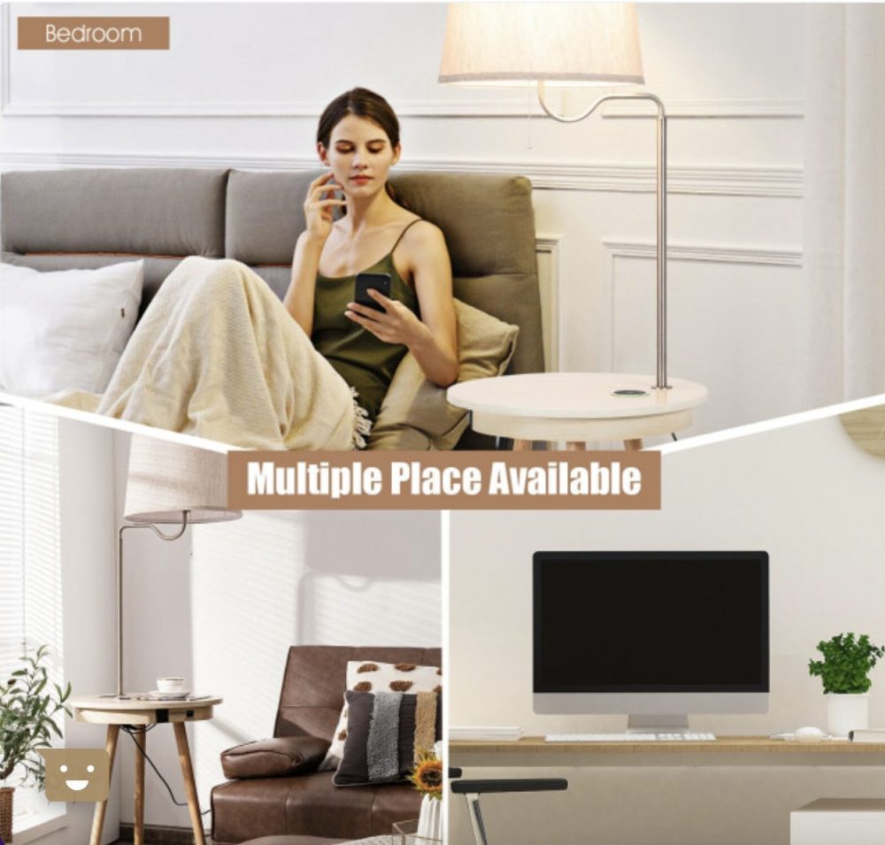 Lamp Bedside Shade Nightstand End Table Lighting Wireless Charger In Coffee - Image 4